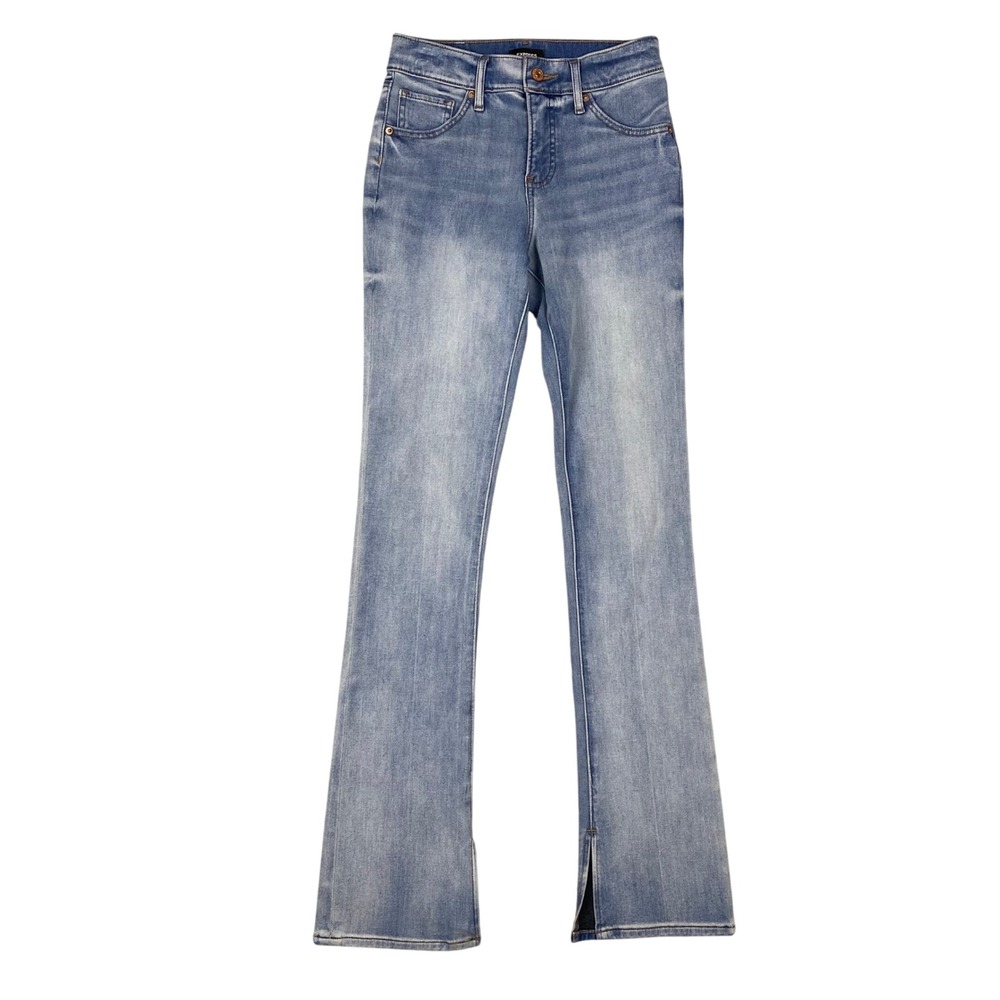 Express Skyscraper Mid Rise Side Slit Flare Jeans Womens 2R Light Wash Blue
